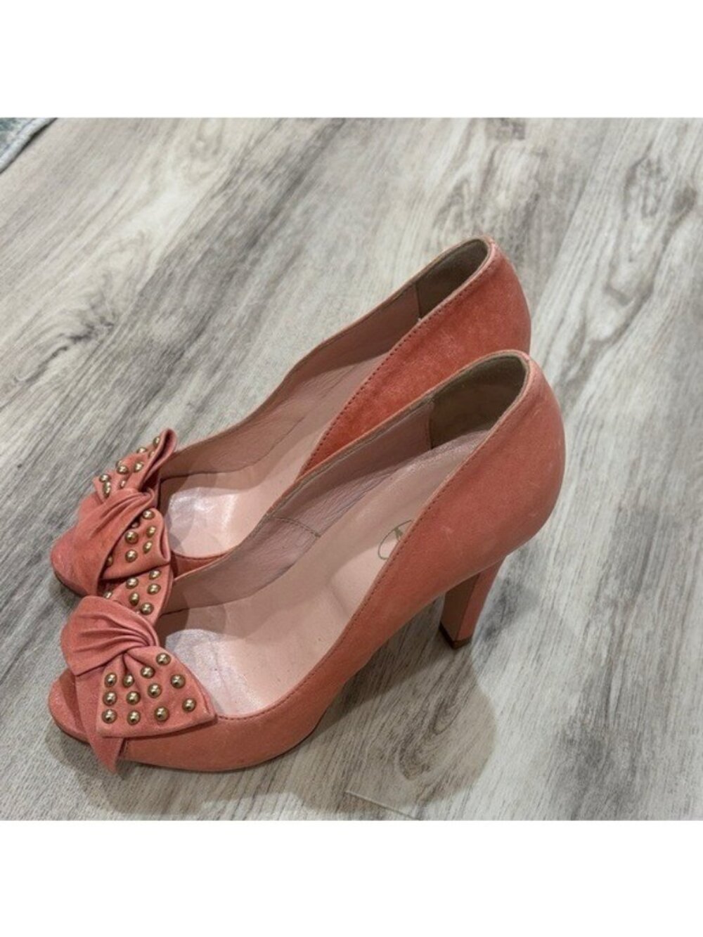 Red Valentino Coral Peep-Toe Heels with Gold BOW Studs SIZE EU 37.5 US 7.5